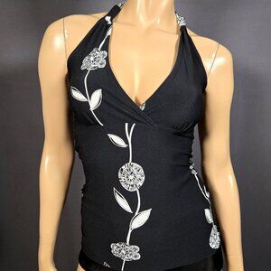 Y2K Halter Top Black White Floral Print Size S V Neck Gothic Fairy Mcbling